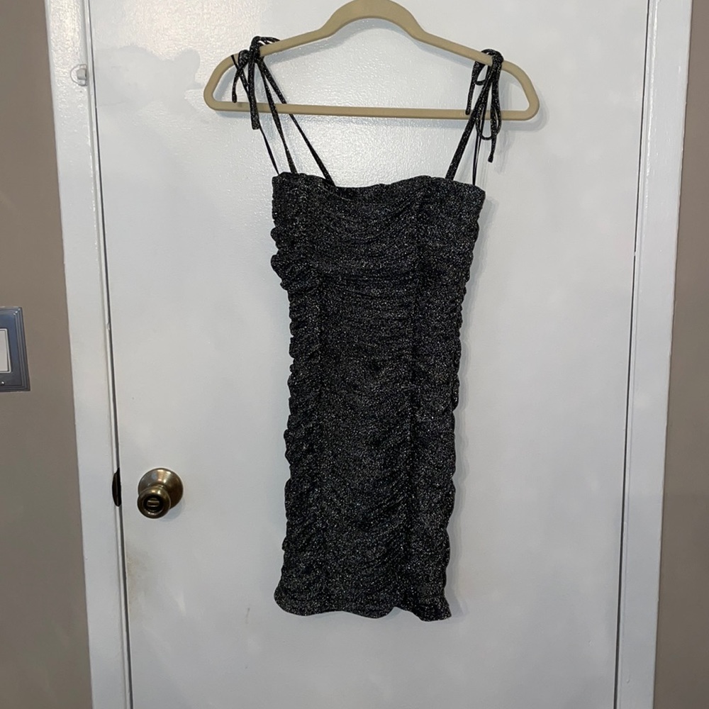 Hello Molly black with silver stretchy material, pick ups, mini dress